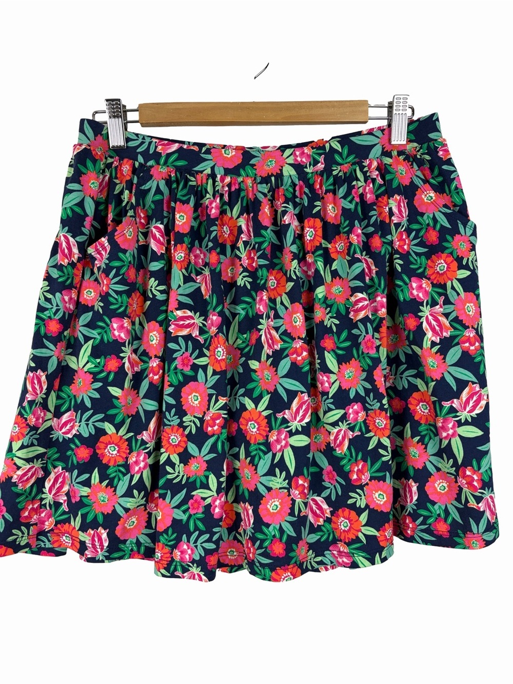 Lands’ End Floral Knit Skort Navy Pink Cotton Pockets XL 16+